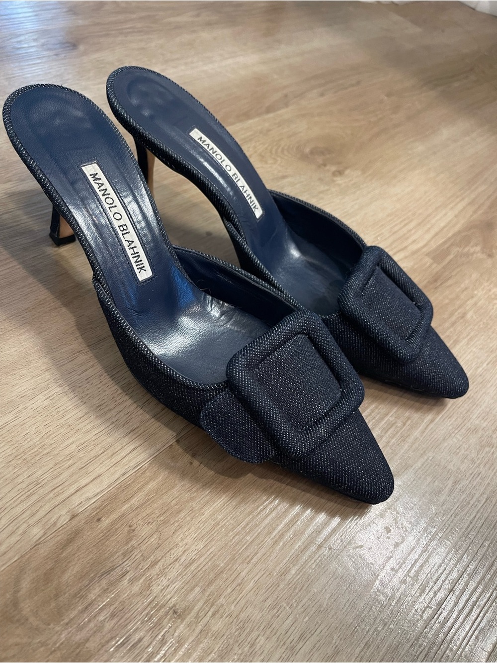 Manolo Blahnik Dark Denim Maysale Mule Heels